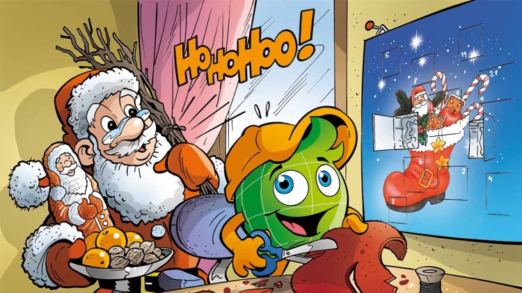 Globini bastelt an rotem Stoff, während ein Weihnachtsmann „Ho Ho Ho!“ ruft, im Hintergrund ein Adventskalender mit Stiefelmotiv.