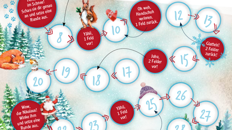 Ein Spielbrett mit nummerierten Feldern, Pfeilen, roten Zusatzfeldern mit Texten wie „Wow, der Nikolaus!“ und winterlichem Hintergrund.