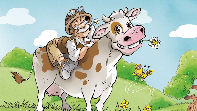 Professor Globus reitet auf einer braun-weiß gefleckten Kuh, die eine Blume im Maul hält, umgeben von Wiese, Bäumen und Schmetterling.