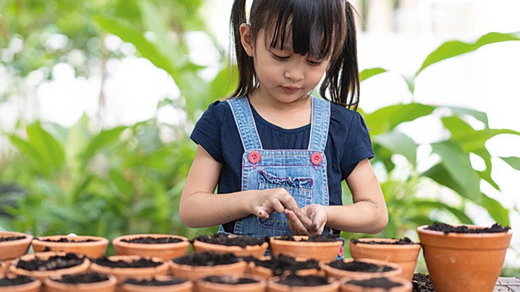 Kind in Latzhose befüllt kleine Terrakotta-Töpfe mit Erde, im Hintergrund grüne Pflanzen.