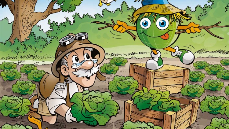 Professor Globus kniet auf einem Salatfeld, hält einen Salatkopf, daneben steht Globini auf einer Holzkiste mit ausgestreckten Armen.