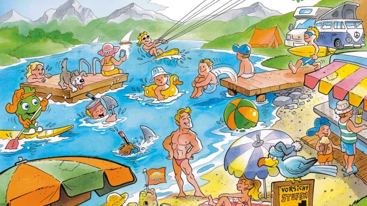 Bunte Strand- und Wasserszene mit spielenden Kindern, Globini auf Wasserski und einem GLOBUS-Logo auf einem Sonnenschirm.