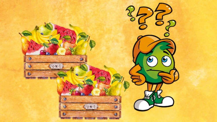 Zwei Holzkisten mit Obst und Globini, der nachdenklich schaut, vor gelbem Hintergrund mit zwei Fragezeichen.