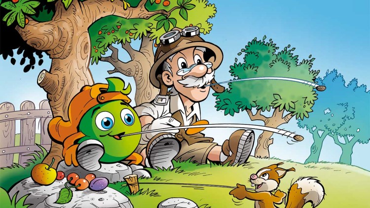 Globini, Professor Globus und ein Eichhörnchen angeln mit Stöcken und Schnüren unter einem Baum mit roten Früchten.