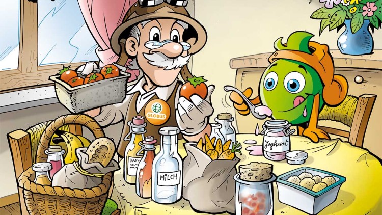 Professor Globus und Globini sitzen an einem Tisch mit frischen Lebensmitteln wie Obst, Gemüse, Milch und Joghurt vor einer Fensterkulisse.