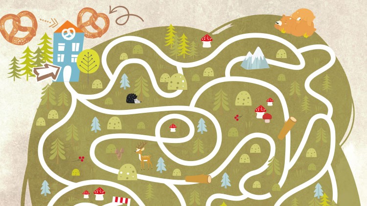 Labyrinth mit weißen Wegen führt von einem blauen Gebäude mit Brezelmotiv zu einem Bären, umgeben von Wald und Wiesen.