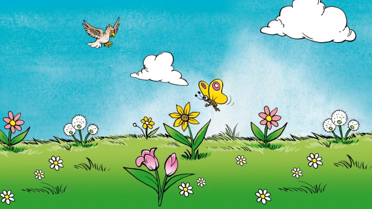 Grüne Wiese mit bunten Blumen, fliegenden Schmetterlingen, Pusteblumen, einem Vogel und vereinzelten weißen Wolken am blauen Himmel.