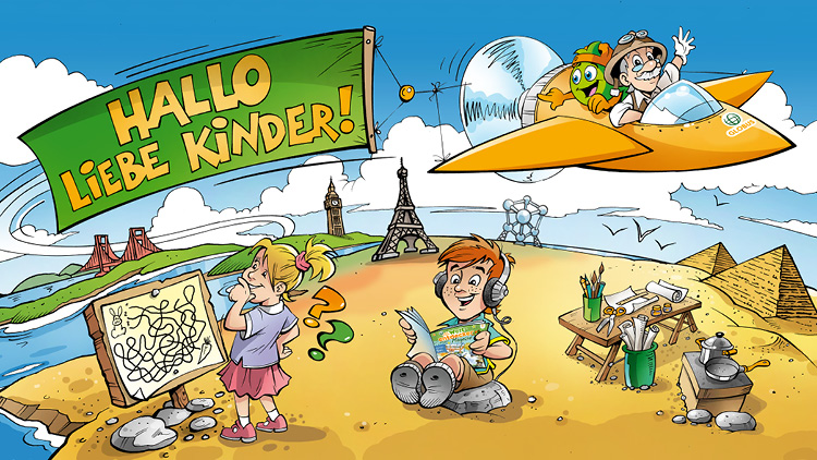 Das orange Flugzeug mit Globini und Professor Globus fliegt über eine Landschaft mit Eiffelturm, Pyramiden und Golden Gate Bridge.