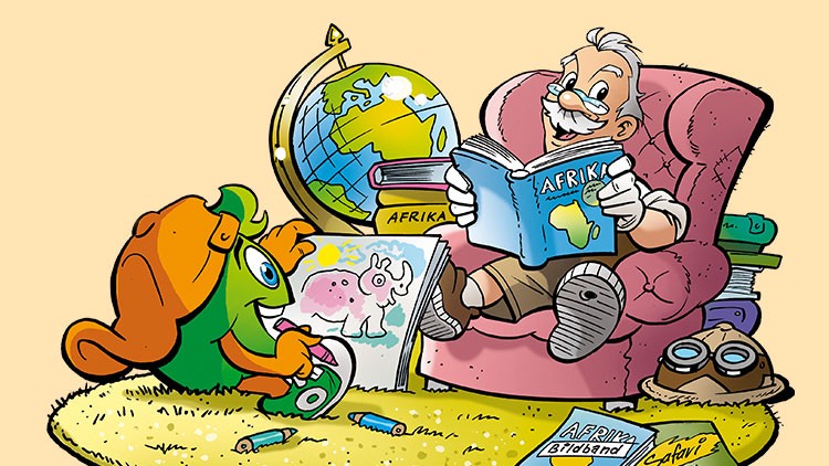 Professor Globus liest ein Buch mit der Aufschrift Afrika, während Globini auf dem Boden malt, im Hintergrund steht ein Globus.