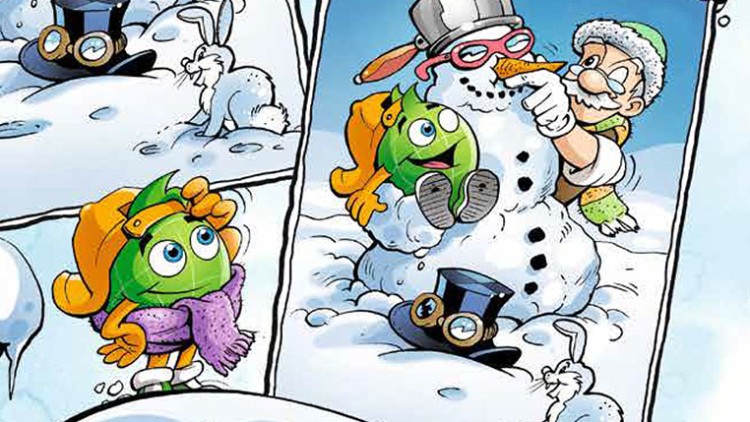 Globini mit Mütze und Schal freut sich über einen Schneemann mit Zylinder und Karottennase, daneben ein weißer Hase.