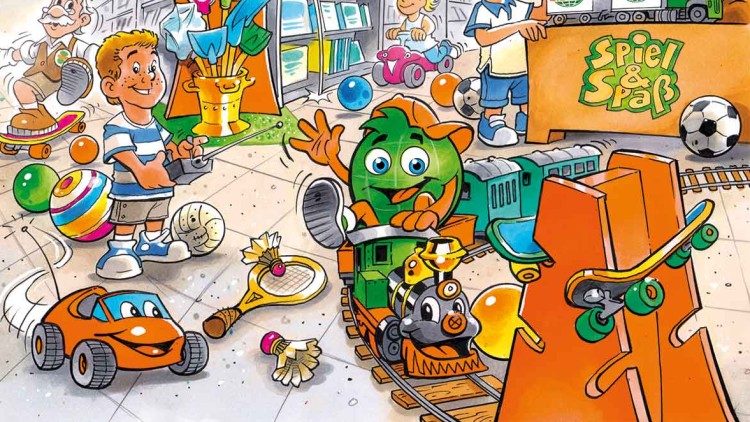 Bunte Spielwaren wie Ballons, Kuscheltiere, Spielzeugautos und eine Eisenbahn mit Globini in einem GLOBUS-Bereich \