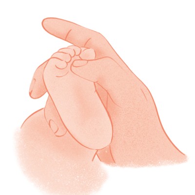 Eine größere Hand hält sanft einen kleinen Fuß, beide in einem stilisierten, rosafarbenen Zeichnungsstil dargestellt.
