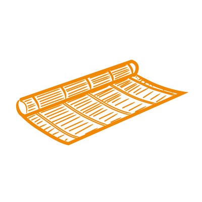 Eine orange stilisierte Zeichnung einer zusammengerollten Zeitung mit sichtbarem Textmuster.