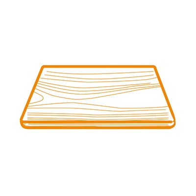 Stilisierte Zeichnung eines rechteckigen Holzbretts mit angedeuteter Maserung in orangefarbenen Linien auf weißem Hintergrund.