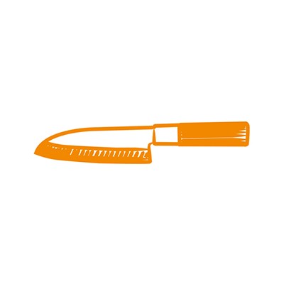 Eine orange Illustration eines Küchenmessers mit geriffelter Klinge und einem rechteckigen Griff auf weißem Hintergrund.