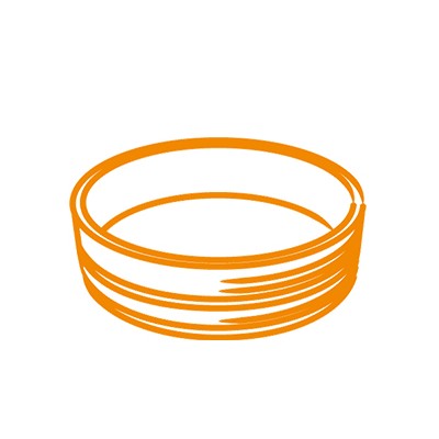 Eine orangefarbene, stilisierte Zeichnung eines flachen, runden Behälters mit angedeuteten Rillen an der Außenseite.