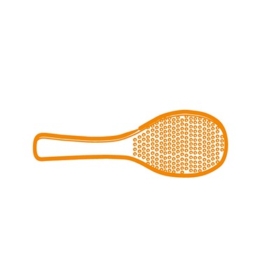 Orange Reinigungsbürste mit ovalem Bürstenkopf und Griff, Borsten in regelmäßigen Abständen auf der Fläche angeordnet.