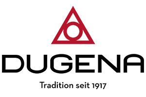 Schwarzer Schriftzug „DUGENA“ unter rotem Dreieck mit Kreis, darunter Text „Tradition seit 1917“ in kleiner schwarzer Schrift.