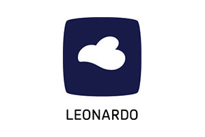 Blaues Logo mit einer weißen Wolke in der Mitte und dem schwarzen Schriftzug LEONARDO darunter.