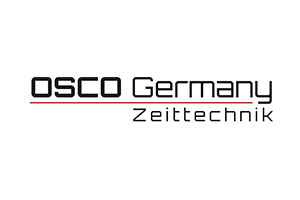 Schwarzer Schriftzug „OSCO Germany“ mit roter Linie darunter und dem grauen Zusatz „Zeittechnik“ auf weißem Hintergrund.