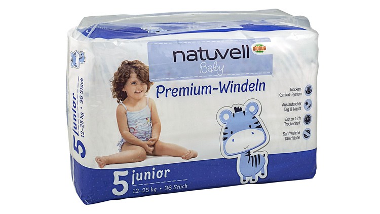 Packung mit naturell Baby Premium-Windeln Größe 5 Junior, 12-25 kg, 36 Stück, mit blauem Zebramotiv und Produktdetails.