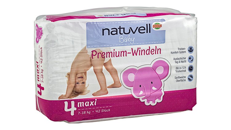 Verpackung der „natvell Baby Premium-Windeln“ von GLOBUS, Größe 4 maxi für 7–18 kg, 42 Stück mit rosa Elefant auf der Vorderseite.