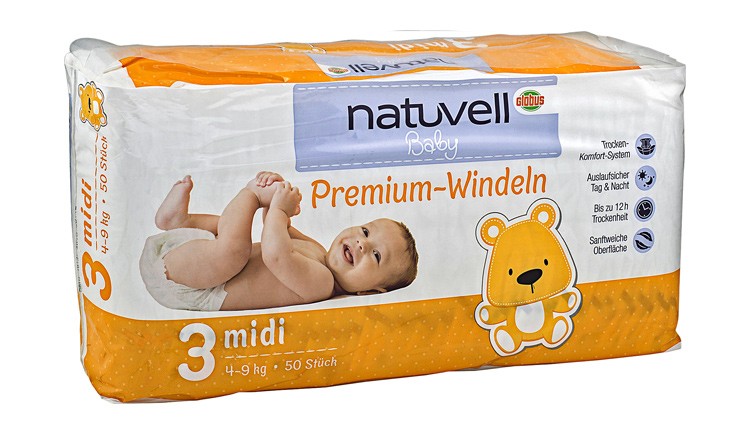Verpackung der naturell Baby Premium-Windeln midi mit Bärchenmotiv, geeignet für 4-9 kg, 50 Stück, orange-weiße Gestaltung.