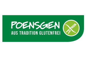 Grünes Logo mit weißem Text „POENSGEN AUS TRADITION GLUTENFREI“ und einem Kreis mit durchgestrichenem Ährensymbol.