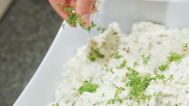 Hand streut frische Kresse auf einen Salat mit heller Creme in einer weißen Schüssel.