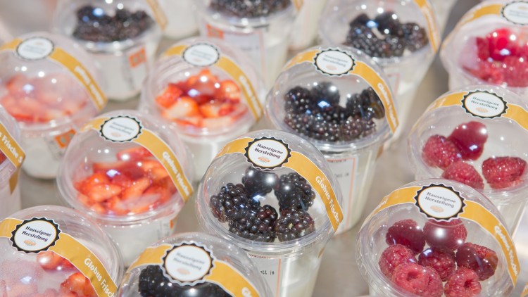 Verschiedene Becher mit frischen Früchten wie Himbeeren, Brombeeren und Erdbeeren, beschriftet mit „Globus Frische Salate“.