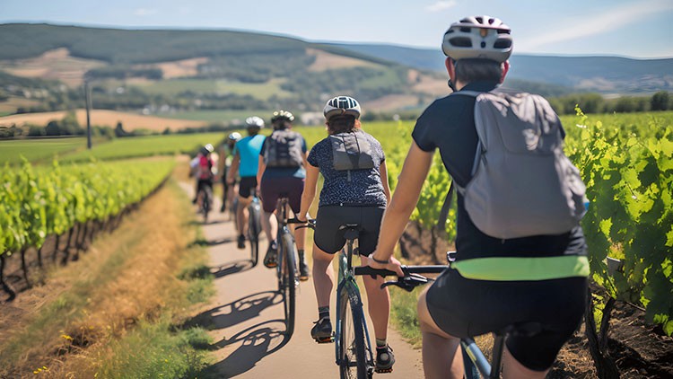 Eine Gruppe von Radfahrenden mit Helmen fährt auf einem schmalen Weg durch eine sonnige Landschaft mit Weinreben.