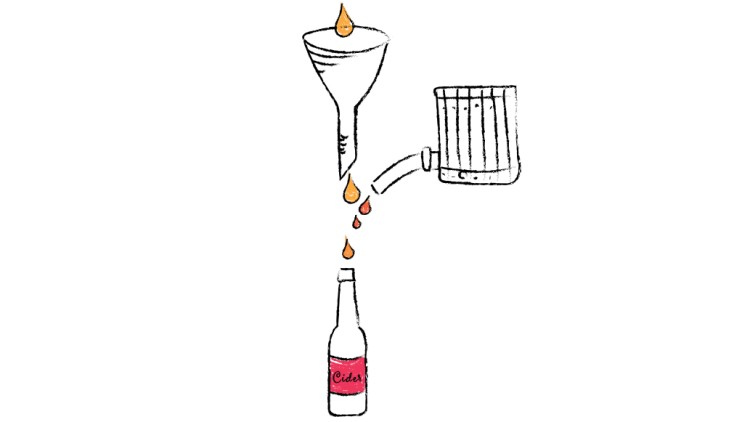 Eine Grafik zeigt einen Trichter, Apfelpresse und eine Flasche mit rotem Etikett und der Aufschrift Cider, verbunden durch Tropfen.