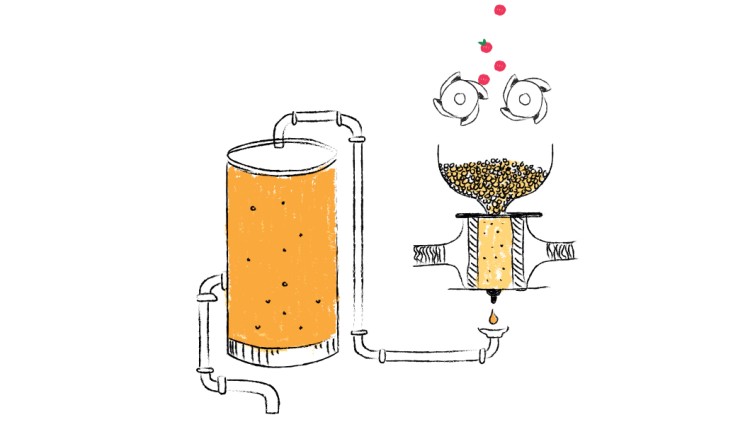 Illustration einer Apparatur mit Rohren, in der links eine Flüssigkeit und rechts Körner mit kleinen roten Früchten verarbeitet werden.