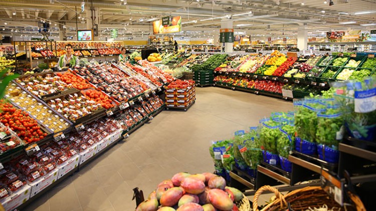 Der GLOBUS-Markt zeigt eine Obst- und Gemüseabteilung mit Tomaten, Salat, Kräutern, Mangos sowie weiteren frischen Produkten.