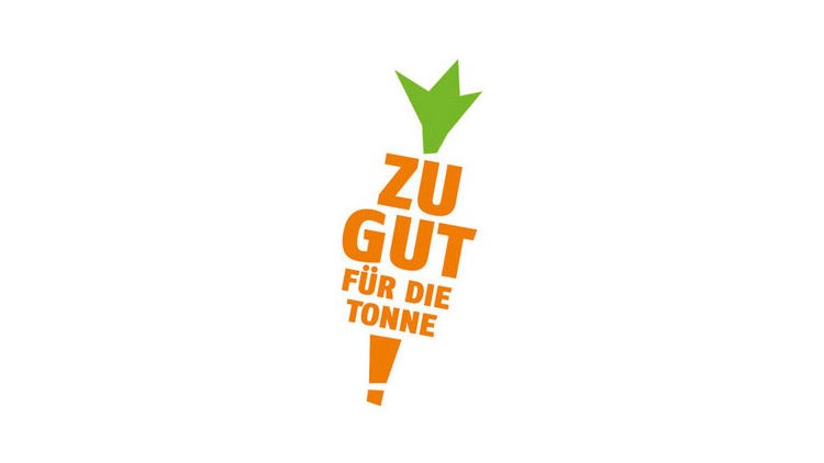 Grüner Blattansatz und darunter oranger Schriftzug „ZU GUT FÜR DIE TONNE!“ in Form einer stilisierten Karotte.