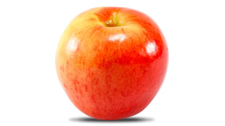 Roter Apfel mit gelben Stellen steht auf weißem Hintergrund, darunter leichter Schatten.