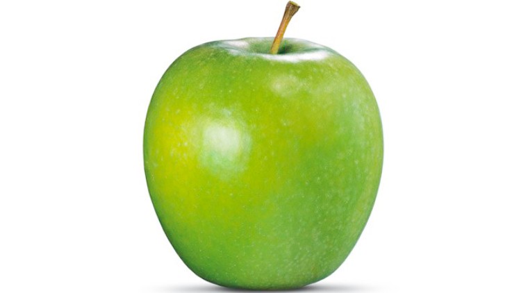 Ein einzelner grüner Apfel mit glatter Oberfläche und braunem Stiel vor weißem Hintergrund.
