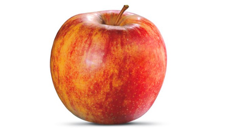 Ein rot-gelb gesprenkelter Apfel mit kleinem Stiel liegt auf einem weißen Hintergrund.
