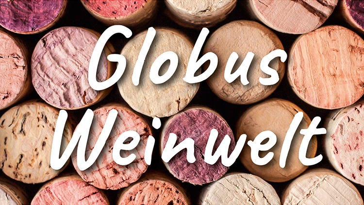 Ein Hintergrund aus Weinkorken in verschiedenen Farbtönen, darüber steht in weißer Schrift „Globus Weinwelt“.