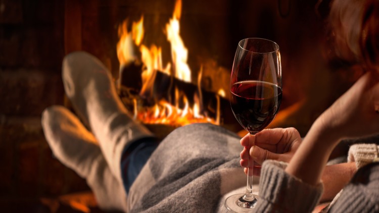 Person in grauer Decke hält ein Glas Rotwein, im Hintergrund brennendes Kaminfeuer mit Holzscheiten.