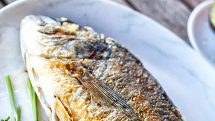 Gegrillter Fisch liegt auf einem weißen Teller, dazu grüne Spargelstangen, halbierte Avocados und ein rotes Getränk im Glas.