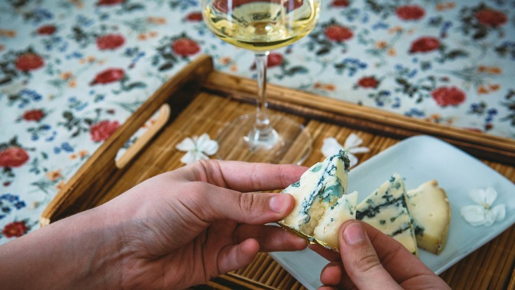 Zwei Hände halten ein Stück Blauschimmelkäse, daneben ein weißer Teller mit Käsescheiben und ein Glas Weißwein im Hintergrund.