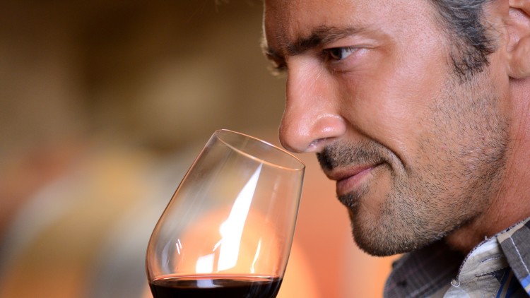 Ein halb gefülltes Weinglas mit Rotwein wird vor einem unscharfen Hintergrund gehalten.