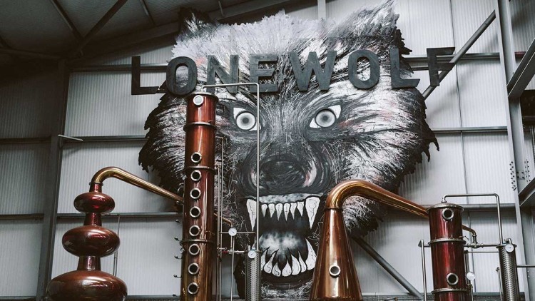 Großes Wandbild eines Wolfsgesichts mit Schriftzug „LONE WOLF“ hinter kupfernen Destillationsanlagen in einer Industriehalle.