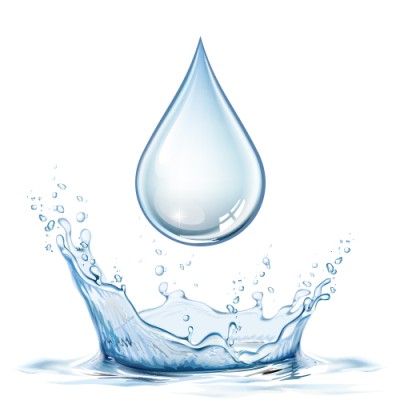 Eine große Wassertropfen-Illustration fällt in Wasser und erzeugt eine spritzende Bewegung und Wellenkrone.