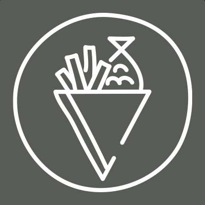 Weißes Symbol mit Pommes frites und Fisch in einer Tüte auf dunkelgrauem Hintergrund, umrahmt von einem Kreis.