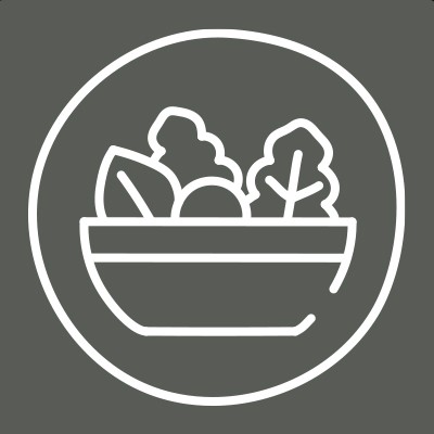 Ein weißes Symbol zeigt eine Schüssel mit verschiedenen Salatblättern und Gemüse auf dunkelgrauem Hintergrund.