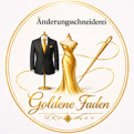 Logo mit goldener Abendrobe, schwarzem Anzug und Nadel, goldenem Schriftzug „Goldene Faden“ und Text „Änderungsschneiderei“.