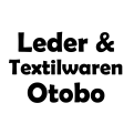 Schwarzer Text „Leder & Textilwaren Otobo“ auf weißem Hintergrund in dicker und klarer Schrift.