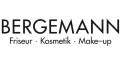 Schwarzer Schriftzug BERGEMANN mit den Worten Friseur, Kosmetik und Make-up darunter, getrennt durch Punkte, auf weißem Hintergrund.